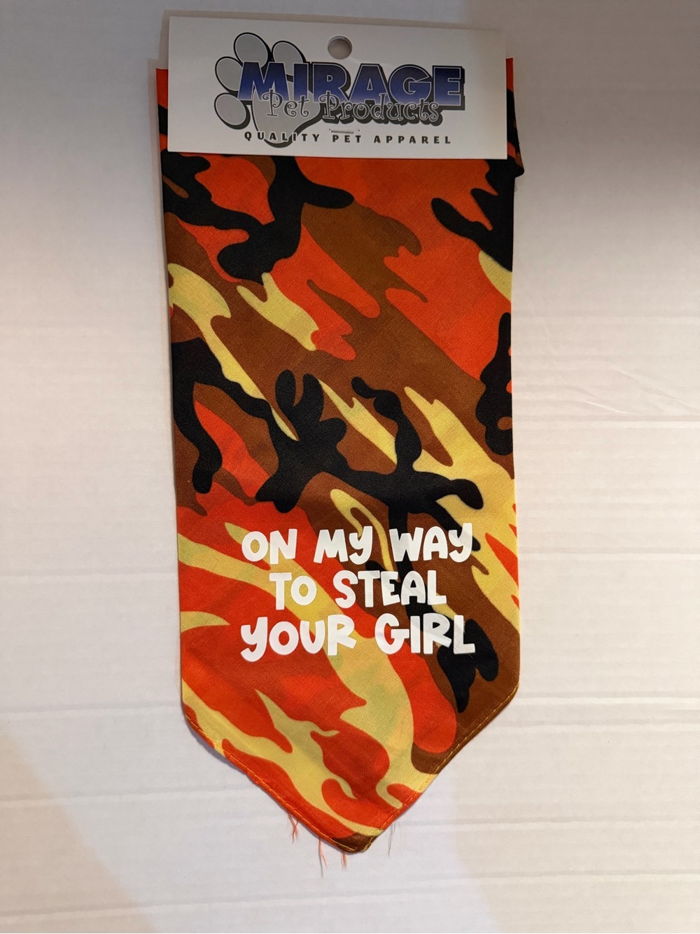 Mirage Pet Orange Camo Dog Bandana - "On My Way To Steal Your Girl"